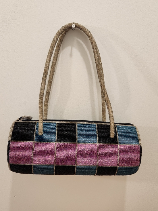 Entice Handbags - Beaded Mini Cylinder Shoulder Bag in Pink, Blue & Black
